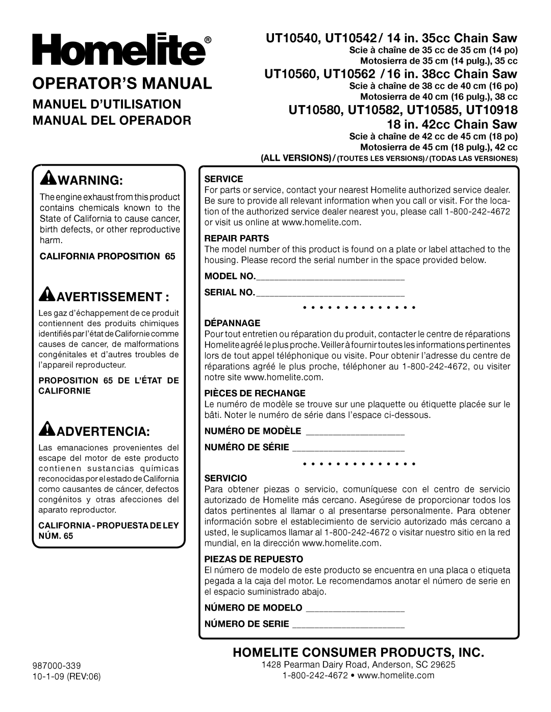 Homelite UT10560, UT10918, UT10585, UT10582 Manuel D’UTILISATION Manual DEL Operador, UT10540, UT10542 / 14 in cc Chain Saw 